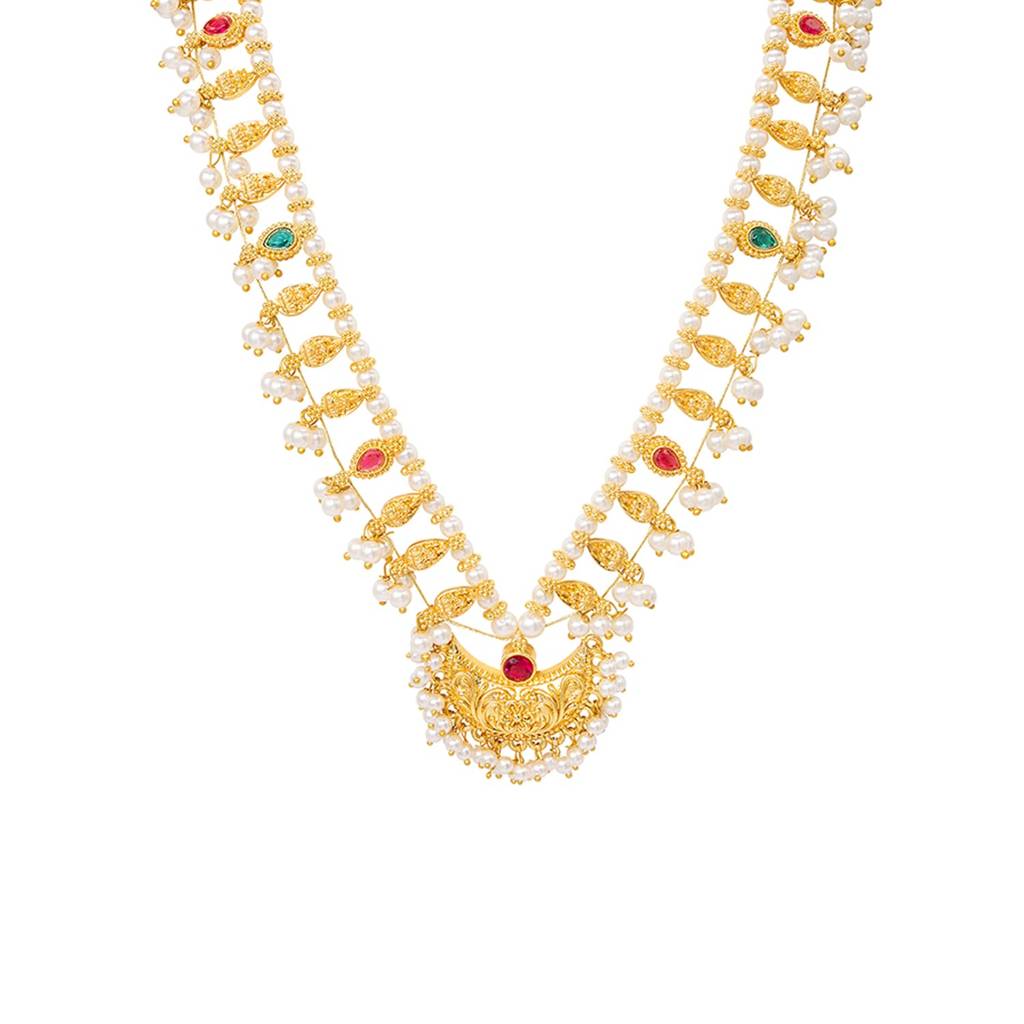 Gold Plated White Beads Pink Crystal Studded Long Necklace For Women | Festive & Bridal Jewellery, Anniversary Bir : PF04N71RG