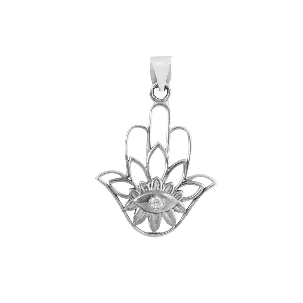 925 Silver Hamsa Hand Pendant With Evil Eye And Lotus Flower : ZIRAK-Pendant-056