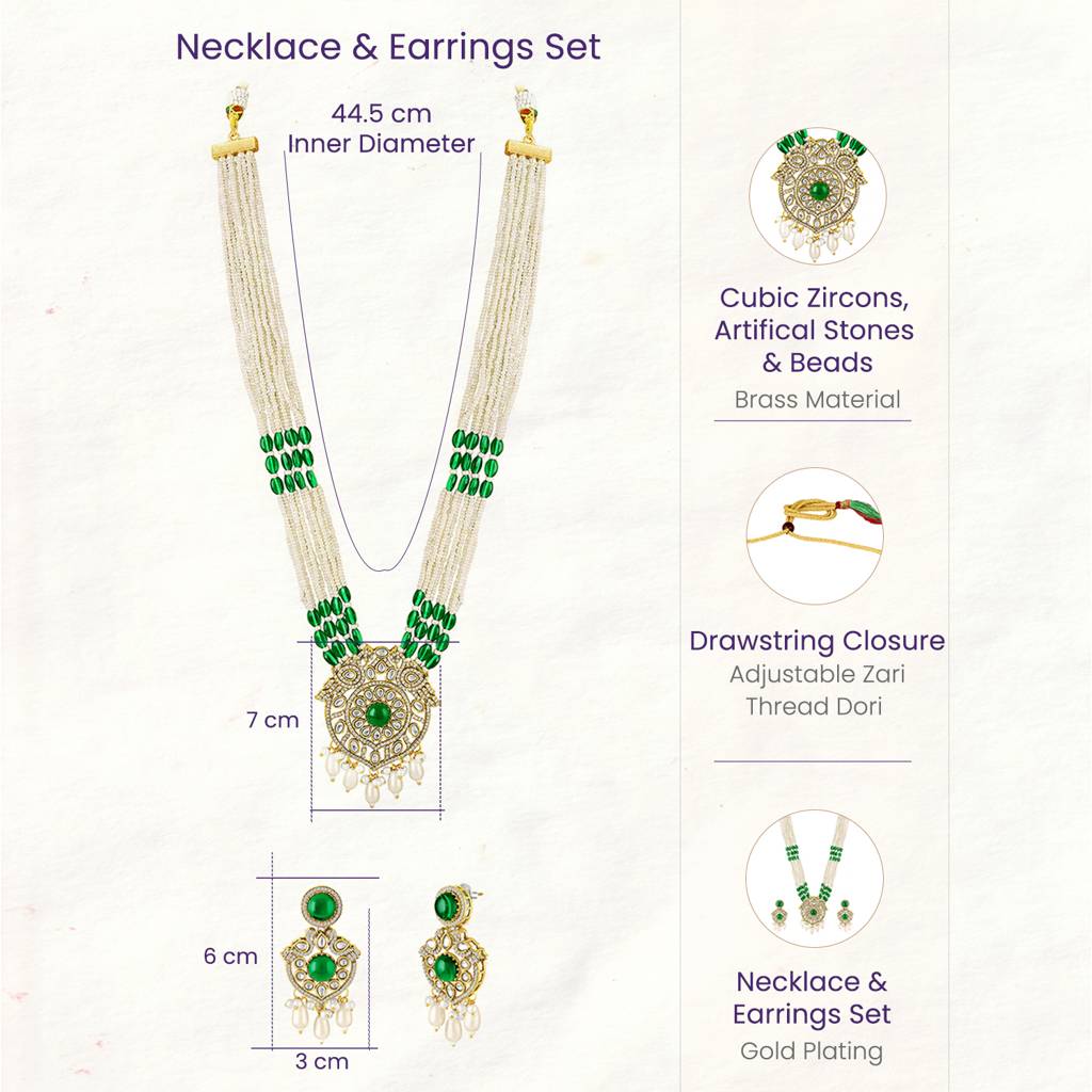 Green Ethnic Long Necklace Earrings Set For Women & Girls | Gold Plated | Kundan & Beads Studded | Maharani Haar A : PF77LS07G