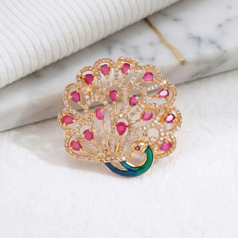 Cz Peacock Feather Brooch Pin For Women | Festive Glam : AD-006-IGRB-BROOCH