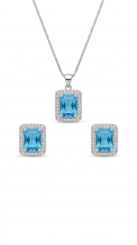 925 Sterling Silver Blue Stone Jwellery Set With Chain : SMK-PD-SET-001-CHN