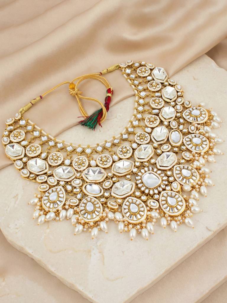 Bridal Kundan Necklace Jewellery Set For Women | White Meenakari Gold Plated Ethnic Jewellery With Jhumk : 4125-IZR-005-W-2026