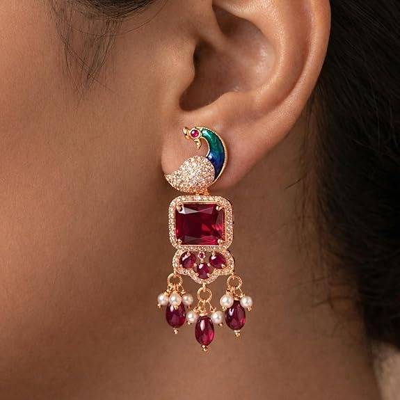 Rose Gold Peacock Dangle Earrings : AD-934-RGRBERER