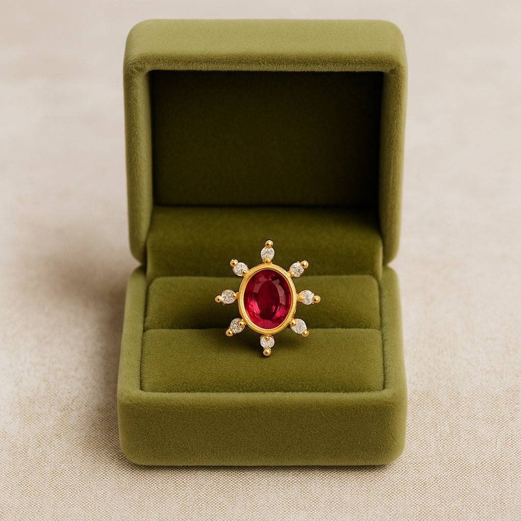 Red Cz Oval Sunburst Ethnic Nose Pin 925 Sterling Silver Gold Plated : NP-00200_RedCZ