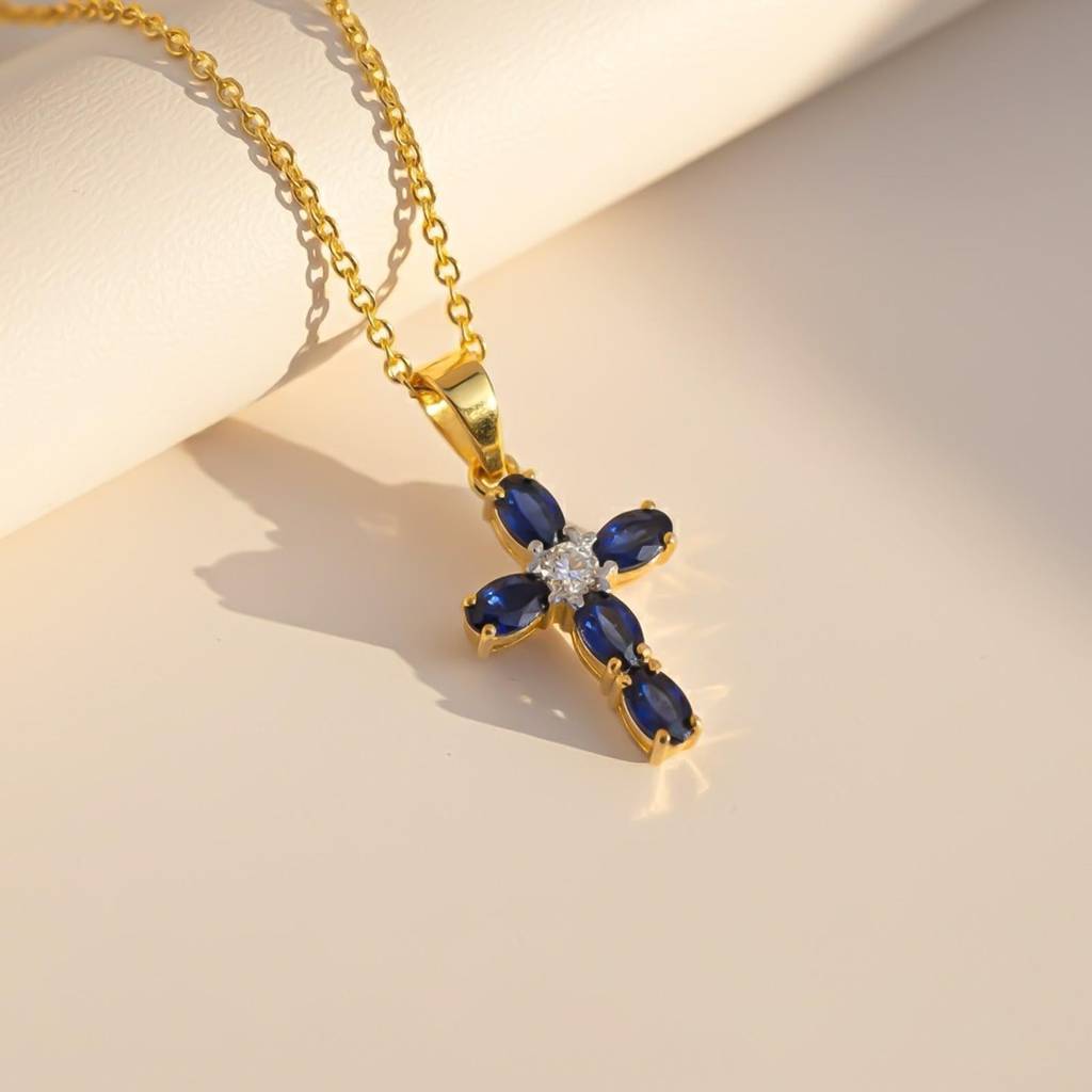 Silver Blue Sapphire Cross Pendant : ZLP-1167