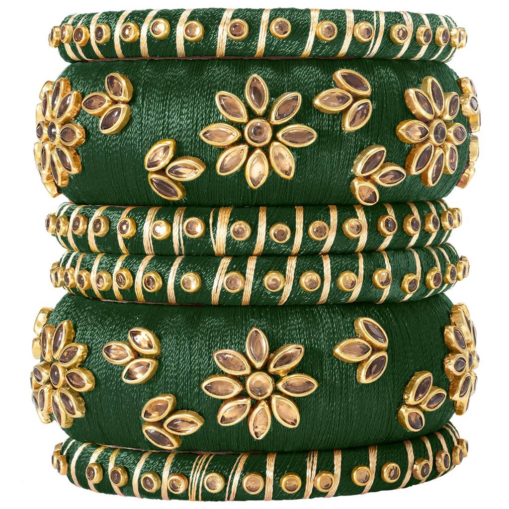 Peora Silk Thread Matching Golden Floral Decorative Chuda Chura Bangle Set For Women : PF51B69G