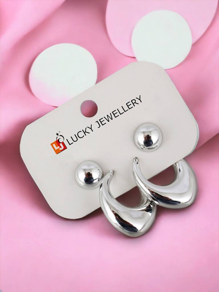 2 Pairs Combo Earrings- Silver Plated Studs And C Shaped Dangle Semi Hoops : 140-CHEX-1018-2