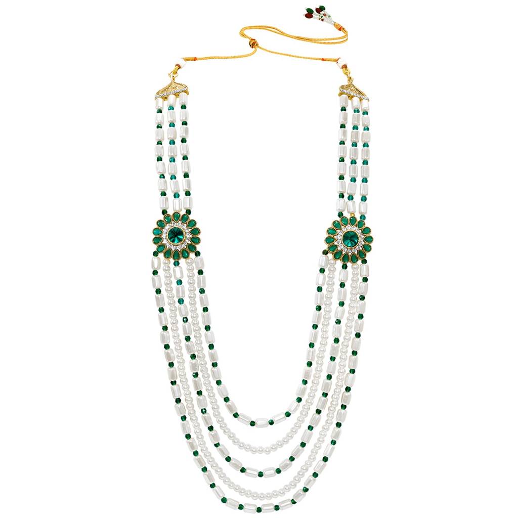 Green White Multi Layer Shervani Haar Necklace Ethnic Men'S Jewellery : PF31MN10GRN
