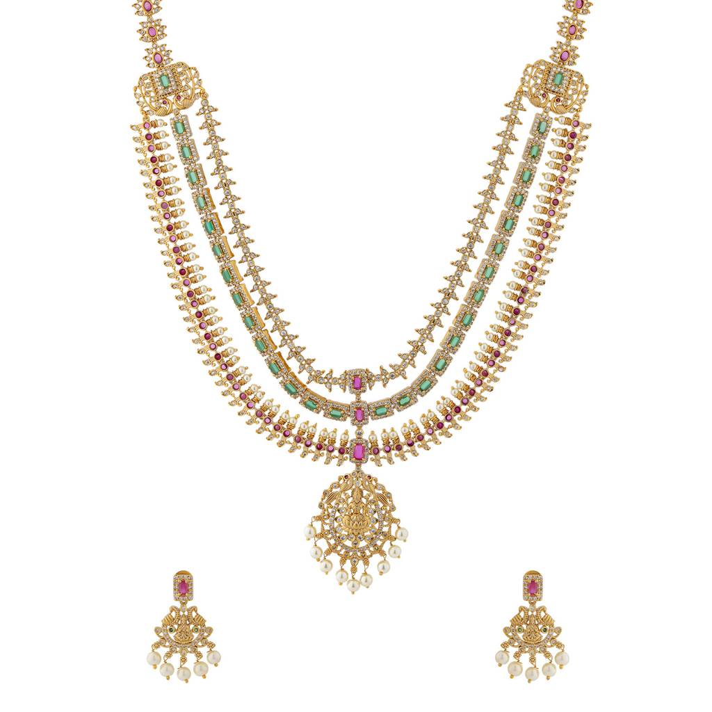 Voylla Gold Opulence Viraasat Temple Cz Necklace Set For Women Gold Plated Brass Temple Jewellery Wedding Neck : 8905124571912