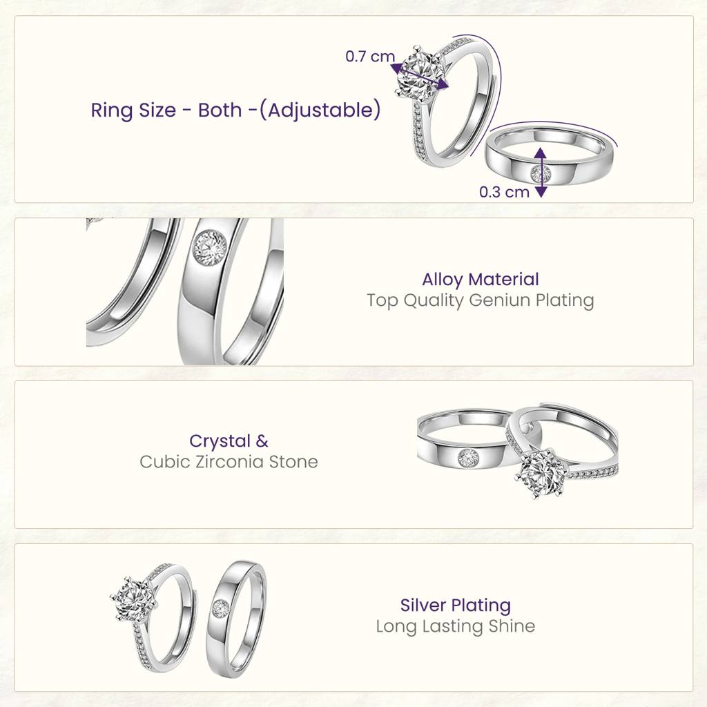 Solitaire & Band Couple Finger Ring Jewellery For Men & Women | Silver Plated | Cubic Zirconia & Crystal Studded |  : PFCCR95S