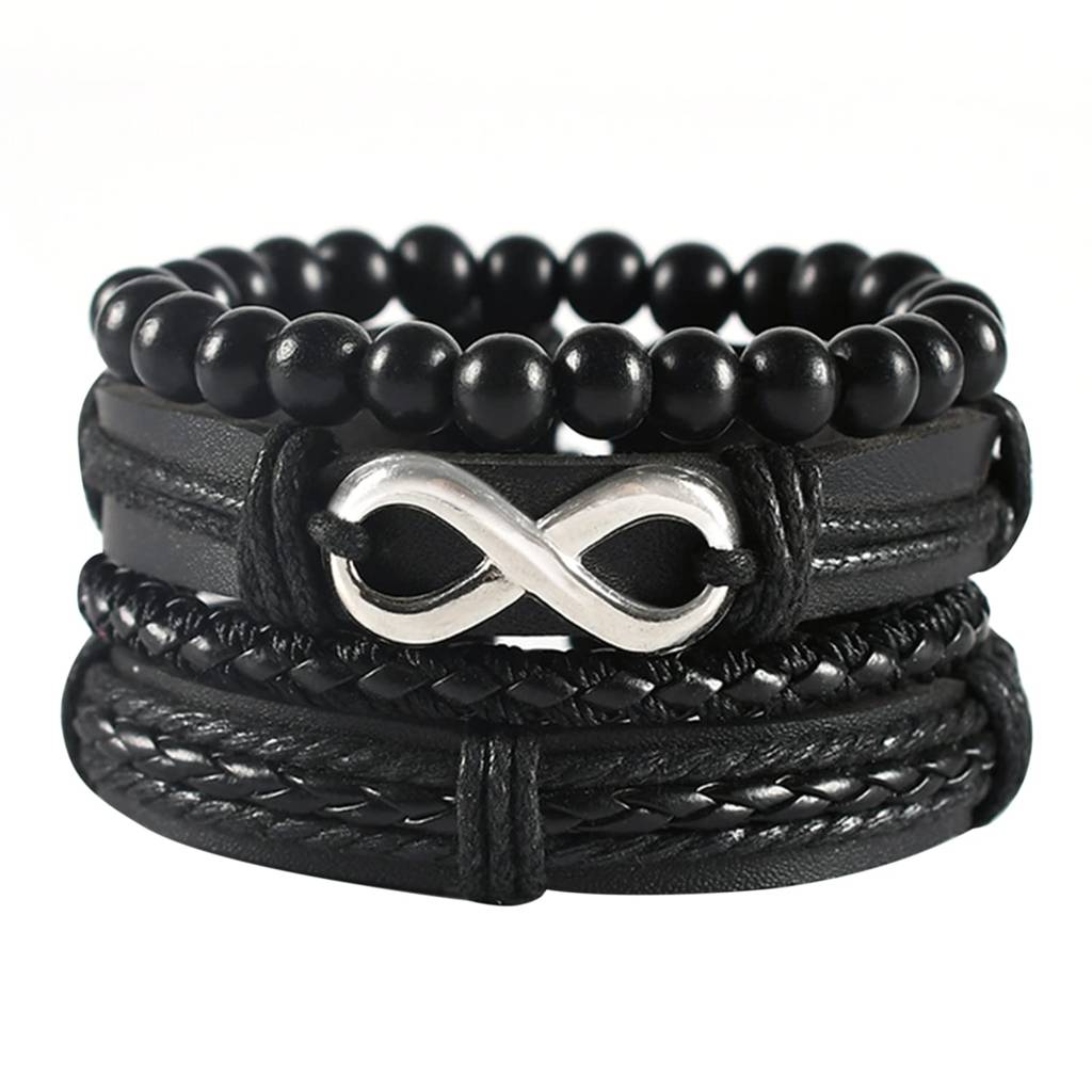 Black Synthetic Leather Pack Of 4 Bracelet Stylish Design Fashion Casual Jewellery Gift For Boys & Men : PX9LB36