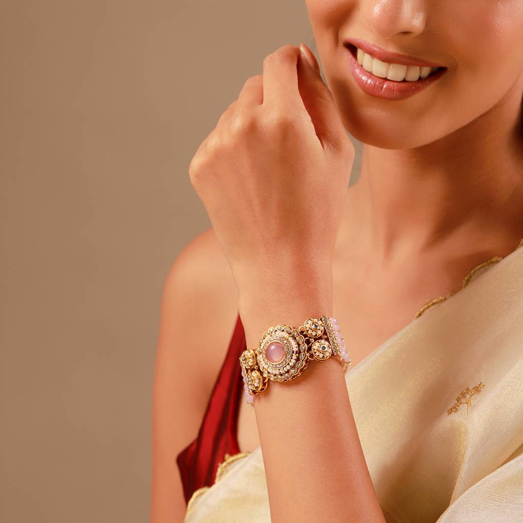 Kundan Opulance Whitesmoke Cz-Pearl Beaded Yellow Gold-Plated Bracelet : 8905124585445
