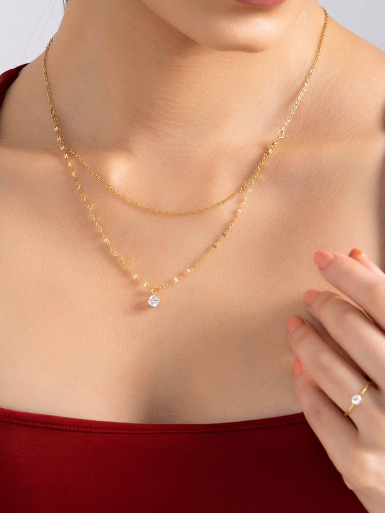Set Of 2 -Minimal Zircon Layered Necklace & Ring Combo 18K Gold Plated Anti-Tarnish : AHM0126NS011C2_6