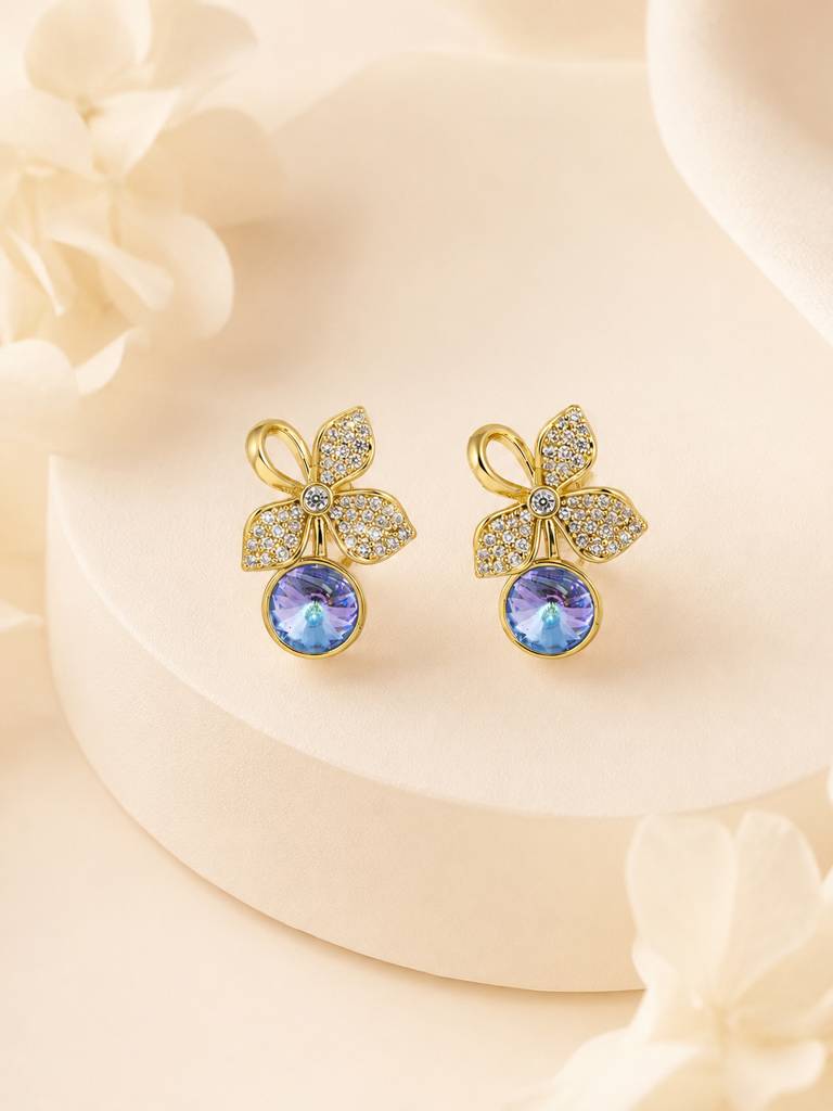 Floral Blue Crystal Drop Stud Earrings In 18K Gold Plating : AN-VM-GO-0144-DE