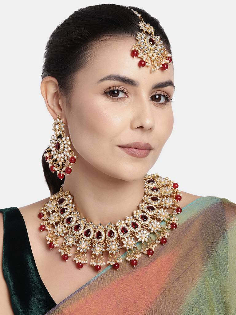 Peora Gold Plated Kundan Dangling Pearls Necklace Earring Maangtikka Jewellery Set For Women : PF28N126M