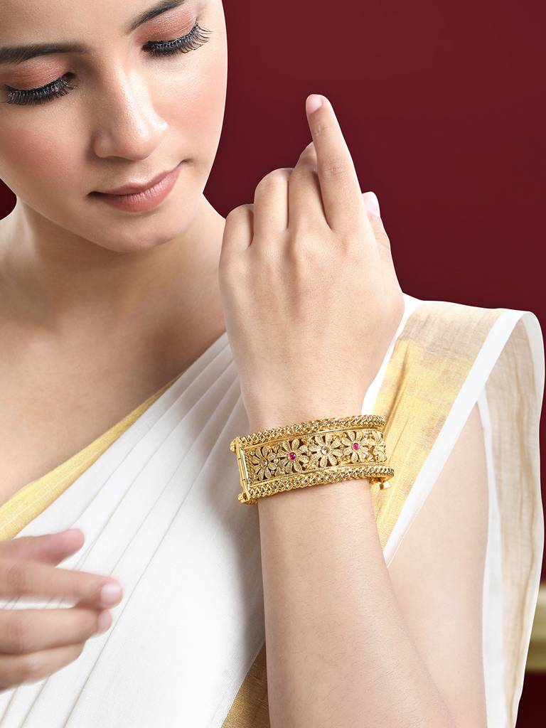 Peora Gold Plated Thick Single Piece Synthetic Stone Studded Openable Kada Bangle Traditional Jewellery For Wo : PF74B101-S1-4