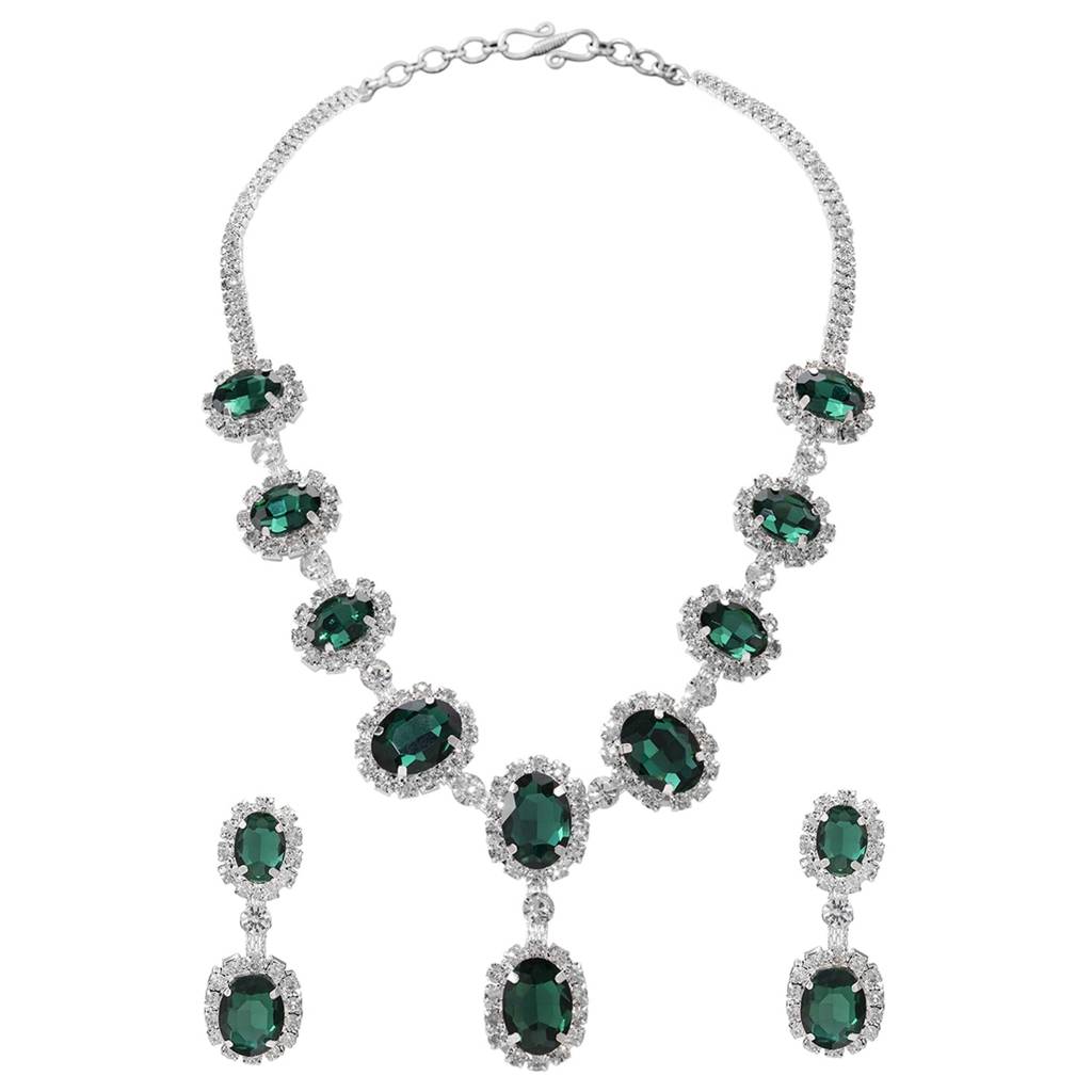 Silver Plated Green Stylish Necklace Earrings Set For Women & Girls : PX9N251GRN