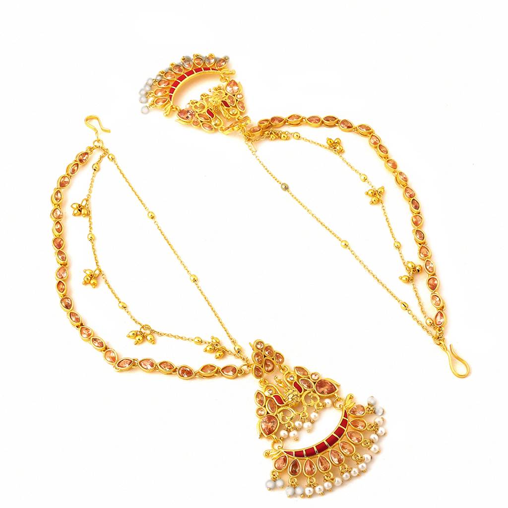 Apsara Bridal Red Enamelled With Pearl Traditional Golden Bridal Set : 8905124429763