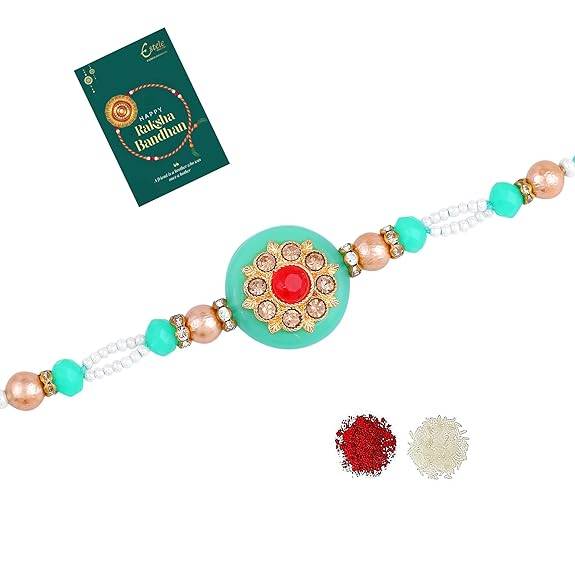 Gold Plated Trendy Circle Rakhi With Roli Chawal & Greeting Card For Brother : SR-7943-RAKHI