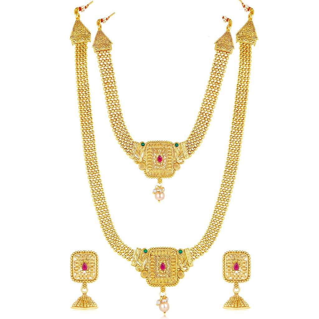 Gold Plated Synthetic Stone & Pearl Studded Maharani Haar Short & Long Necklace With Jhumki Earrings Bridal J : PF04BR10662RPG