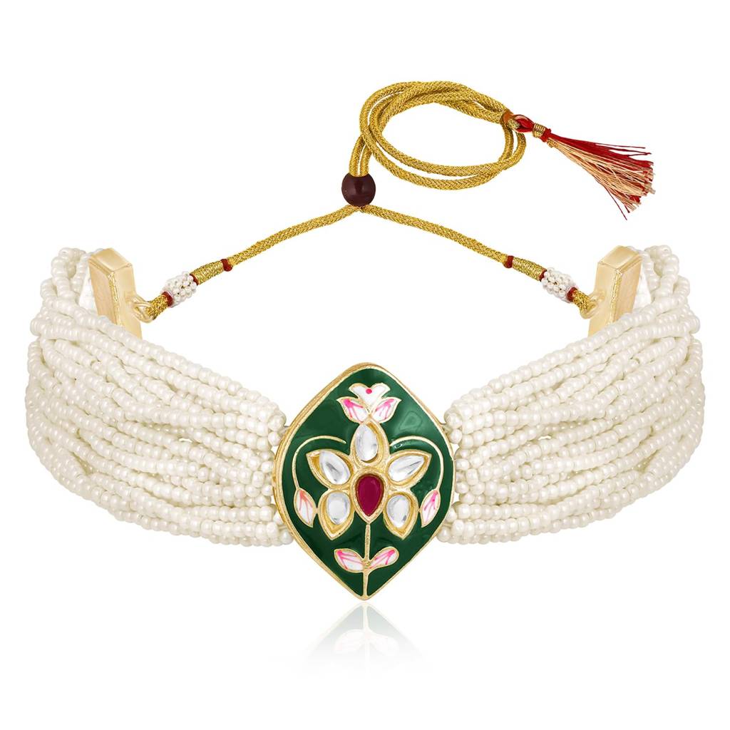 Gold Plated White Synthetic Stone & Beads Studded Meenakari Necklace Stud Earrings Jewellery Set For Women Girls : PF04NK2604G