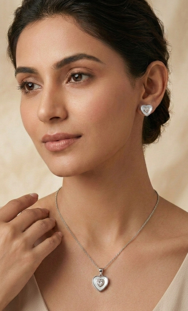 925 Sterling Silver Heart In Heart Zircon Jewellry Set With Chain : SMK-PD-SET-007-CHN