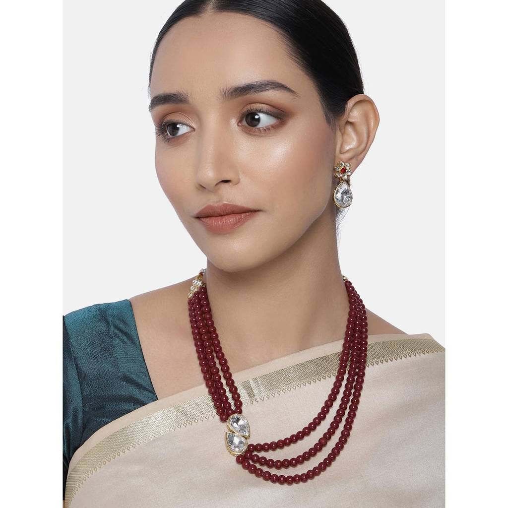 Pearl Mala Necklace With Earrings For Women Girls Traditional Stylish Ethnic Jewellery Set (Maroon-White) : PF26N1145MW