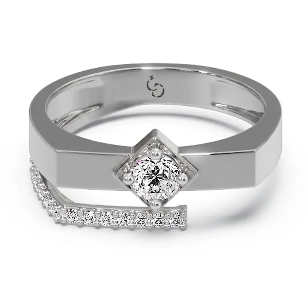 Round Brilliant Diamond Men'S Ring | Tilted Square Setting Curved Pavé Accent : RG-M-CC-37-YE-Silver925-LabD-9
