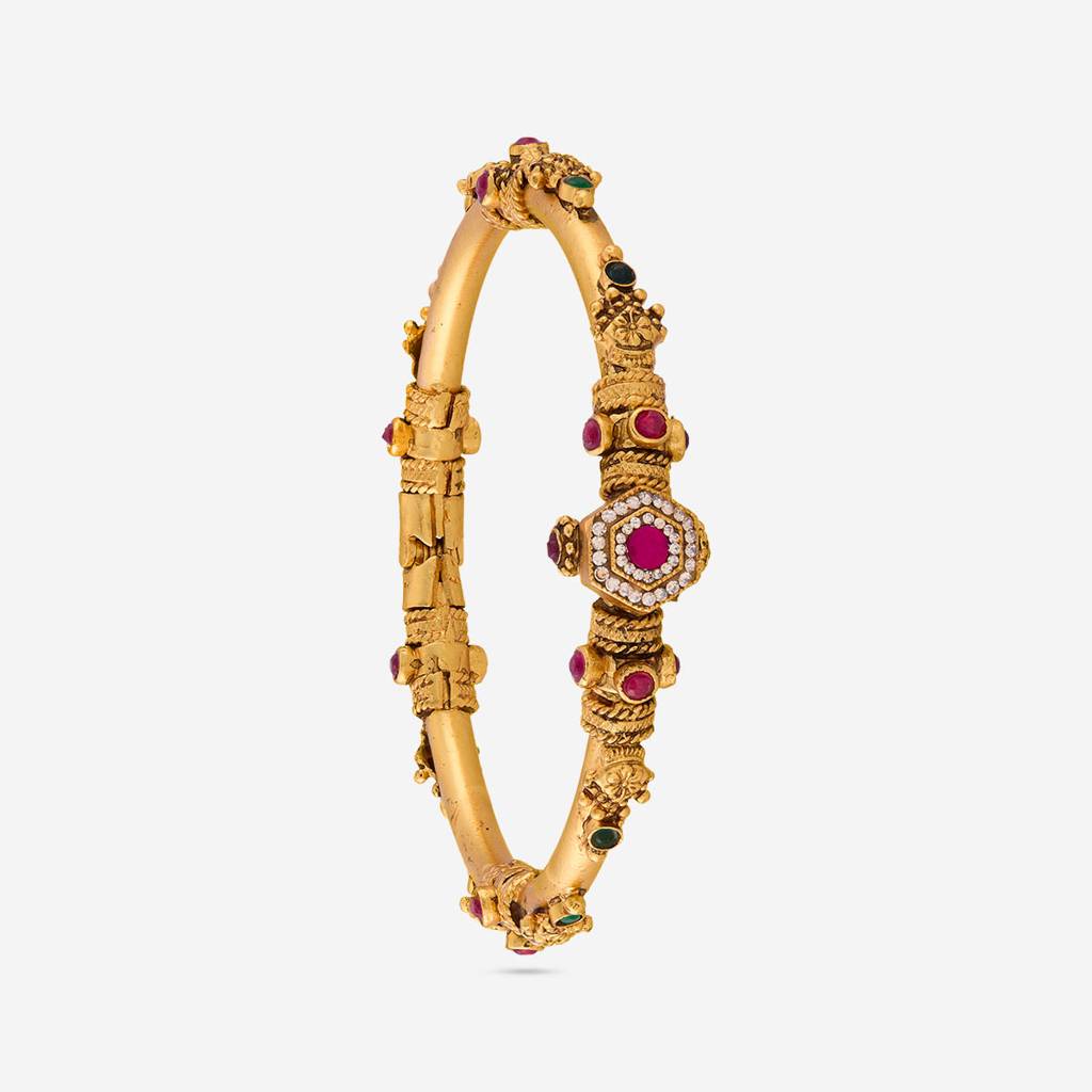 Ruby-Green Gold - Plated Festive Antique Kada - 464712 : 464712