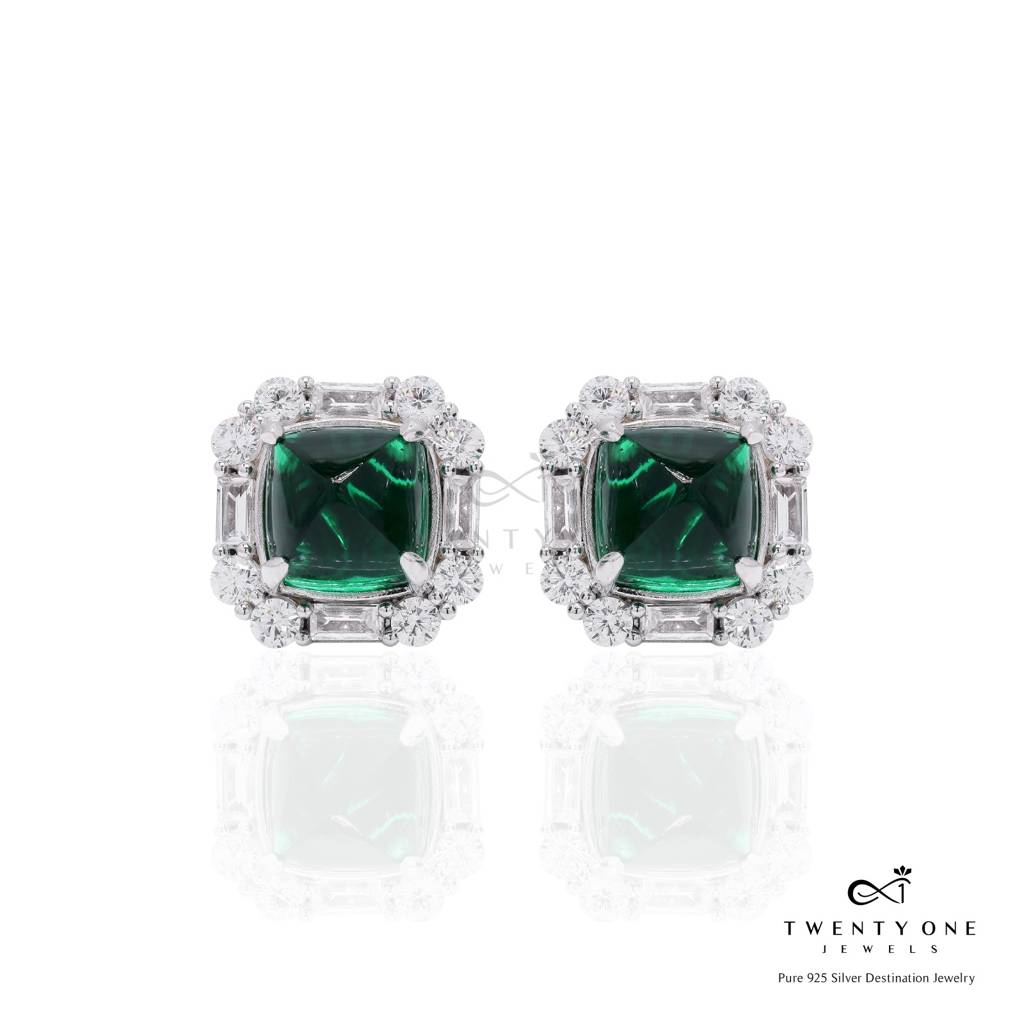 Ultra Premium Emerald Cabochon And Diamond Statement Party Stud Earrings With Premium Screw Backs On Pure 925 Silver : TE2217_2