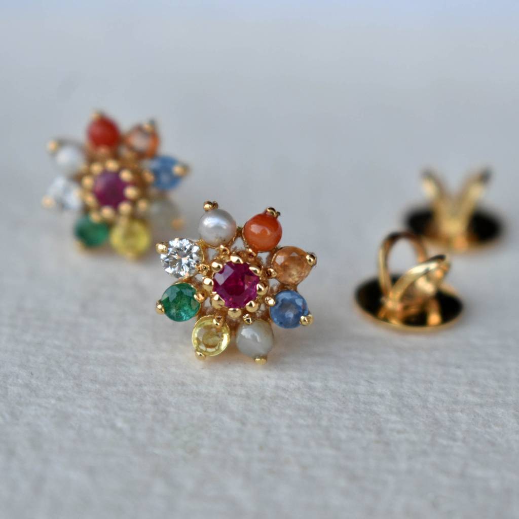 Navratan Diamond Diamond Earrings Studs In 14K Yellow Gold : T588-14Y-S-P