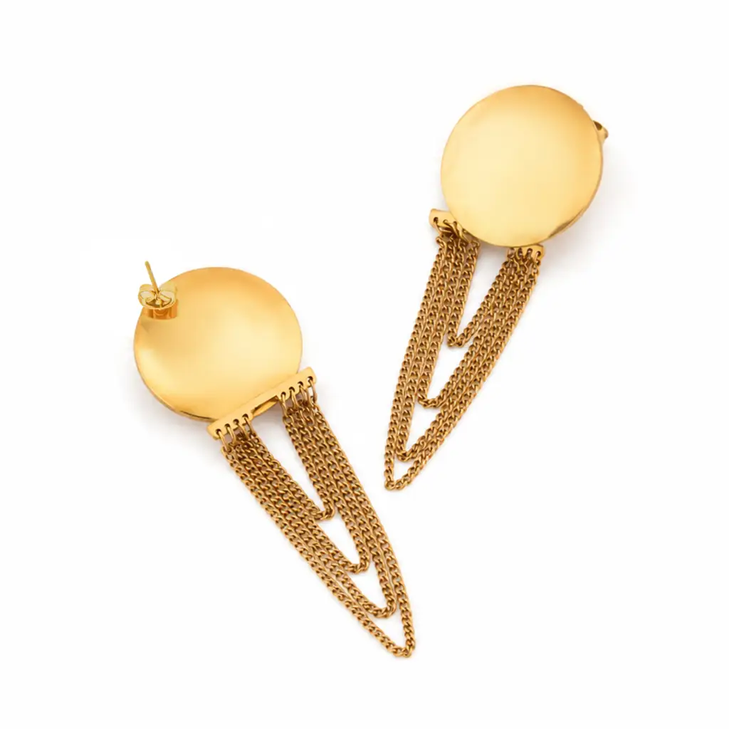 Disc & Chain Tassel Drop Earrings | 18K Gold Plated | Party Earrings : TWLK-EARRNG-WMNS-DISCCHNDRP-GLD-PK1