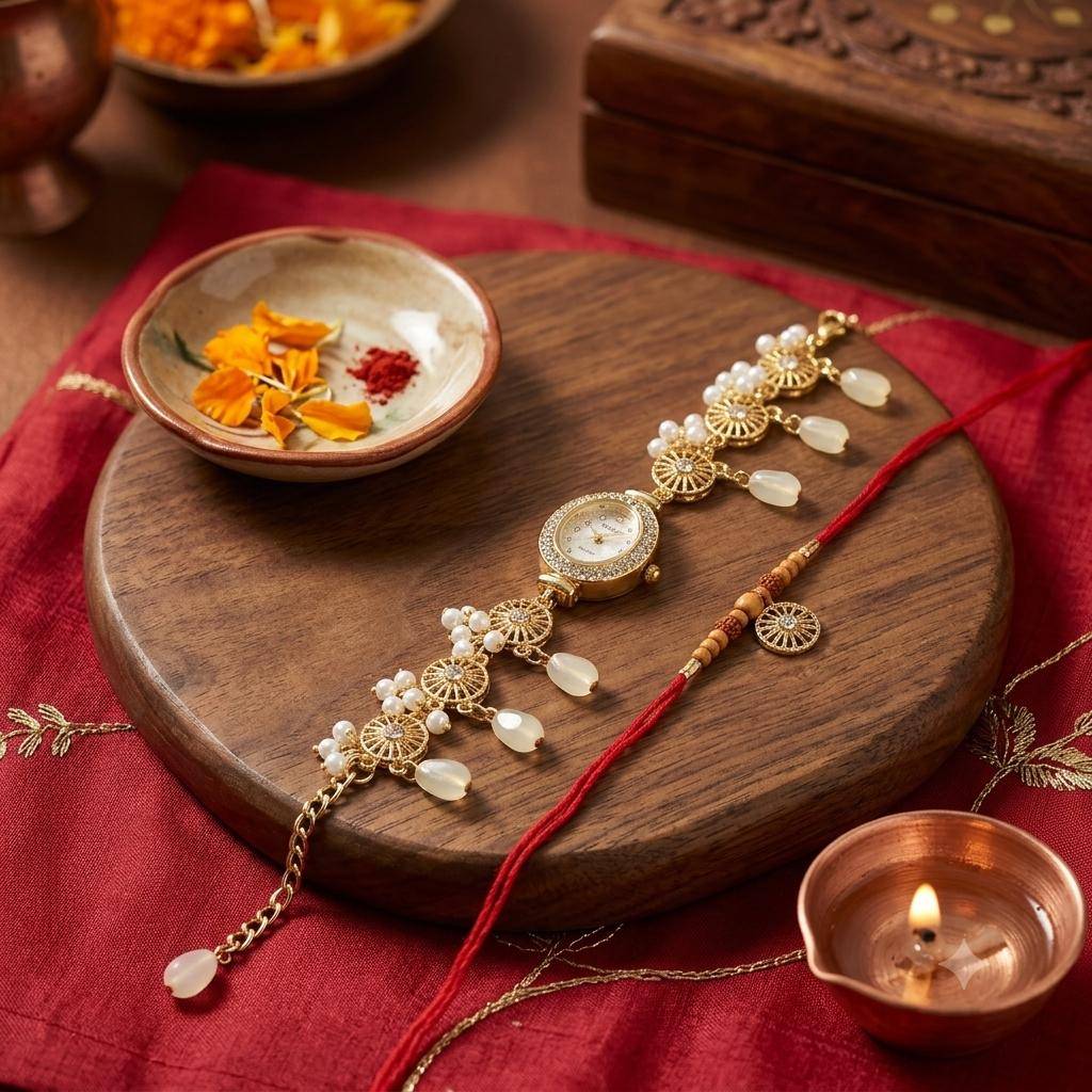 Kaira - 18K Gold Plated, Anti Tarnish, Rakhi Gift Combo For Women : RAKHI03