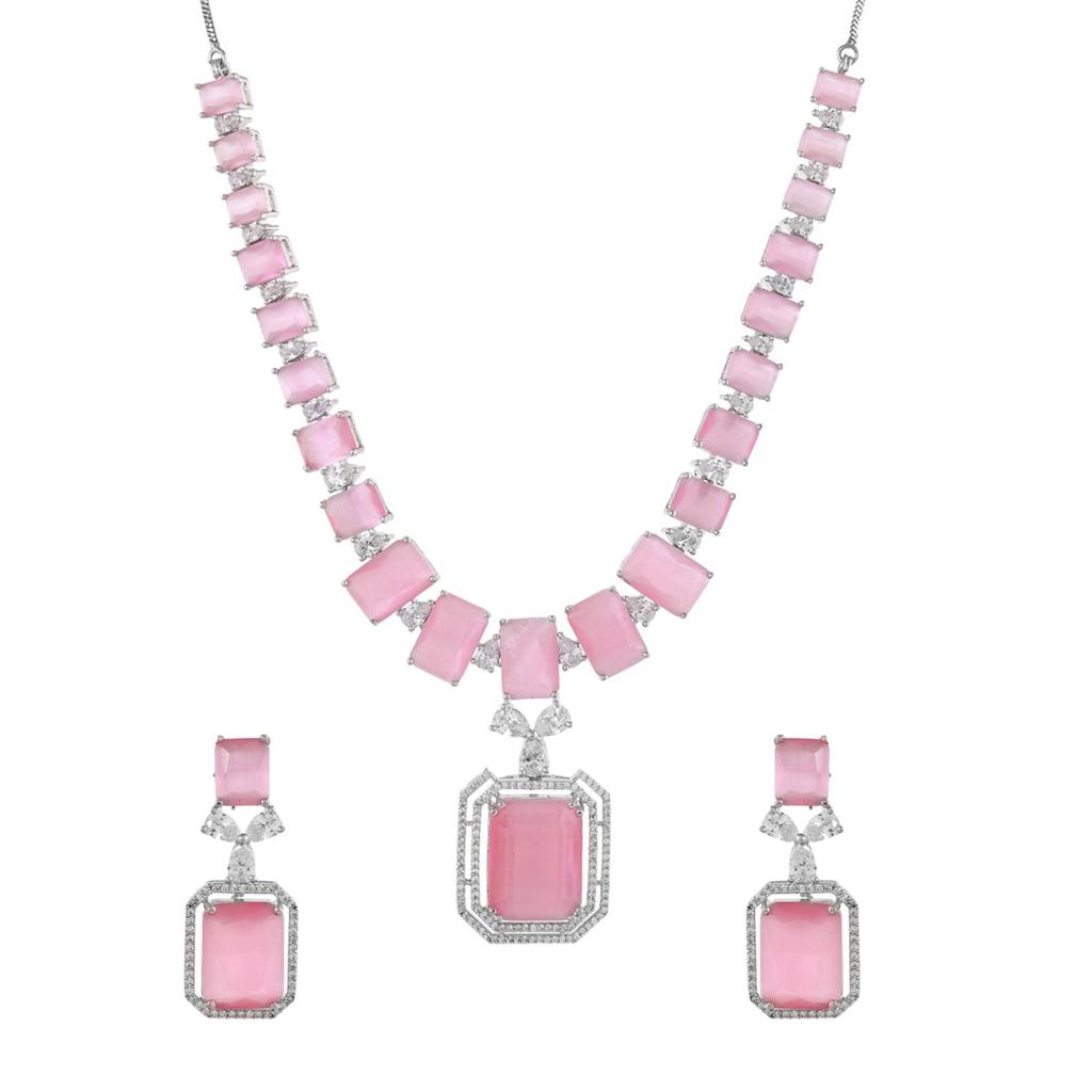 Sparkling Elegance Radiant Soft Pink American Diamond Necklace Set : 8905124532968