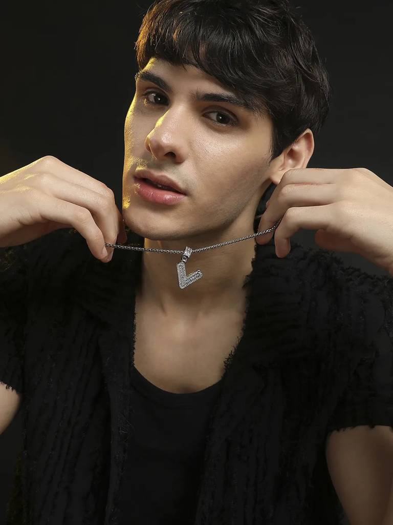 Men'S Embellished Alphabet Pendant Necklace - Silver : FANC1071-V