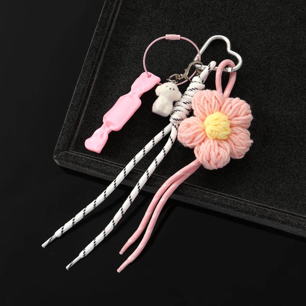 The Pink Floral Crochet & White Puppy Bag Charm : C-BG-0009-PK