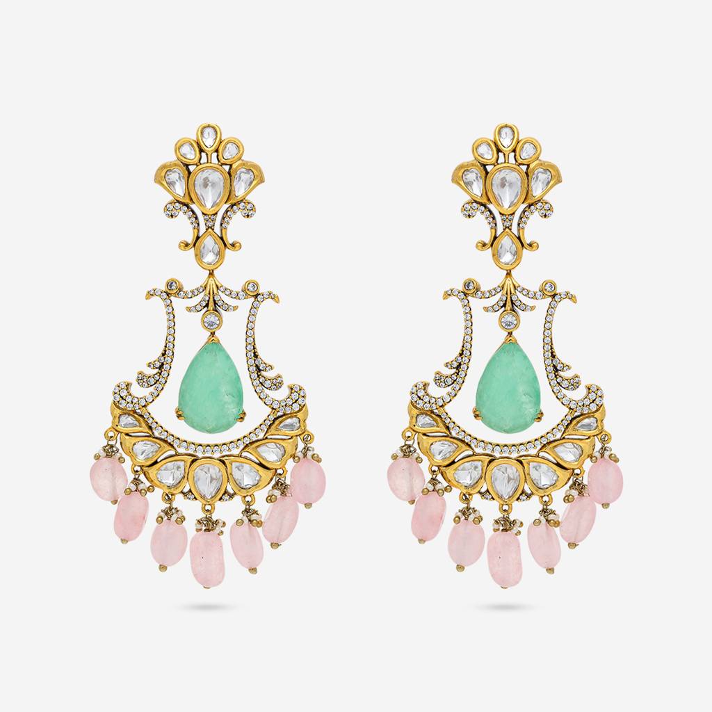 Pink-Mint Victorian - Plated Bridal Kundan Earring - 458634 : 458634
