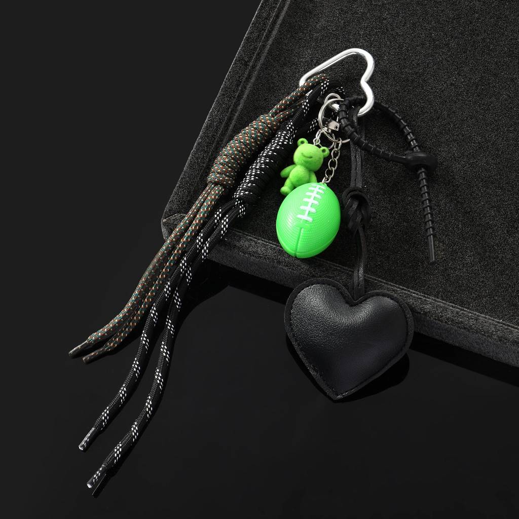 Green Rugby Teddy & Black Heart Bag Charm : C-BG-0007-BK-GR