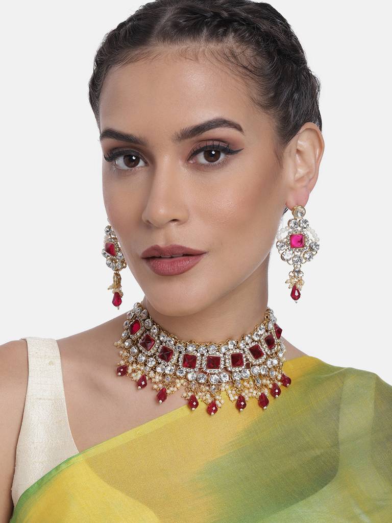 Peora Traditional Gold Plated Kundan Choker Necklace & Dangle Earring Ethnic Jewellery Set Gift For Women & Girls : PF25N1142RP