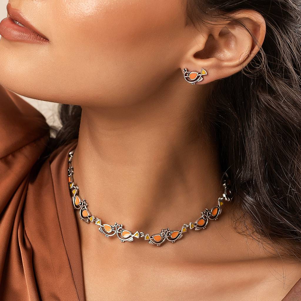 Madhubani Vihang Vibes Oxidised Enamel Necklace Set : 8905124562873