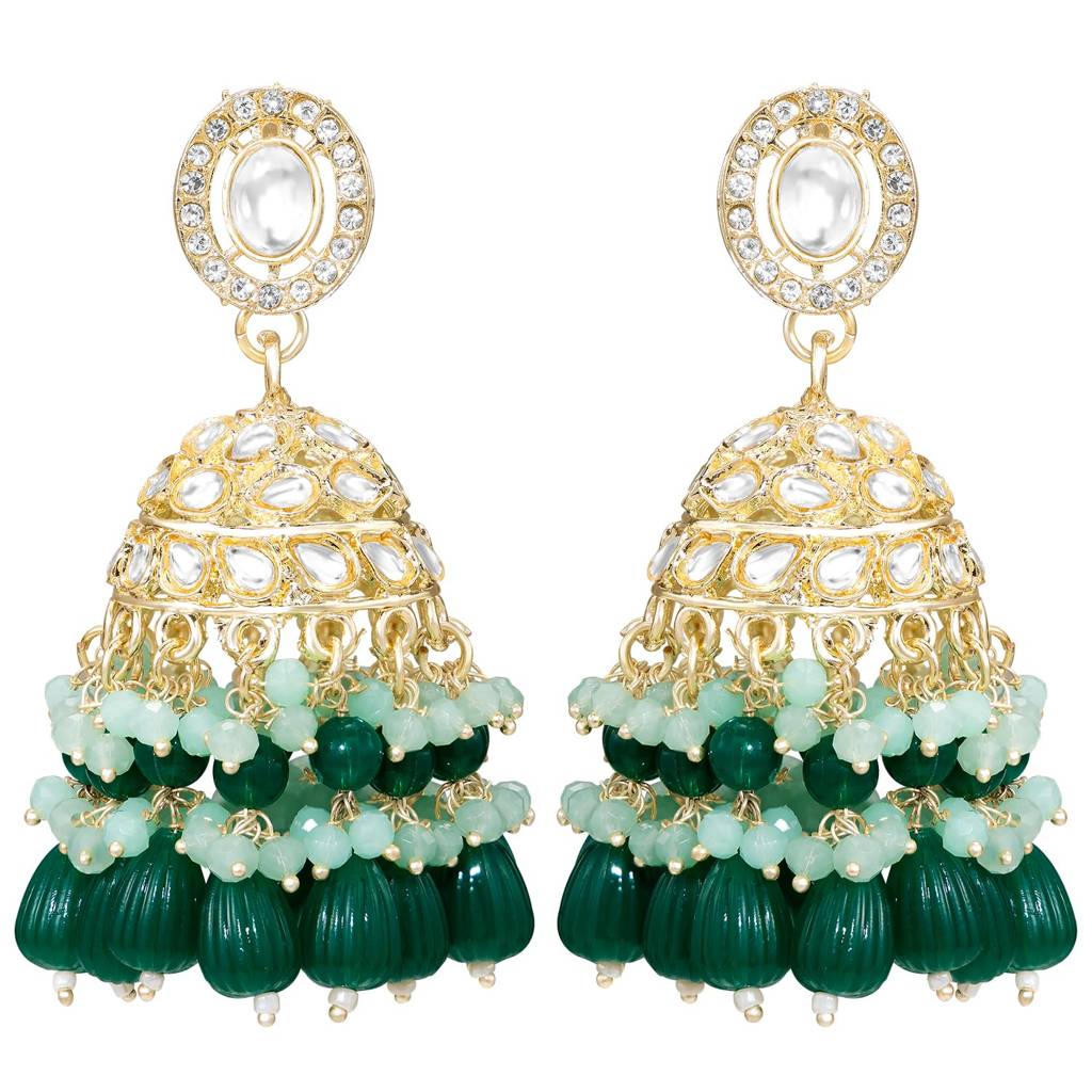 Gold Plated Green Kundan & Beads Studded Jhumka Earrings For Women : PF09E849GRN