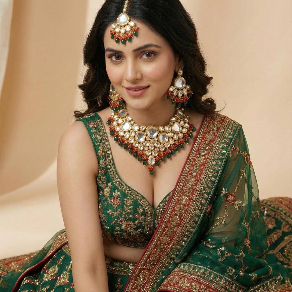 18 Kt Gold Plated Bridal & Semi-Bridal Necklace Set With Earrings & Maang Tikka : 3947-J5SK-1574-REDG