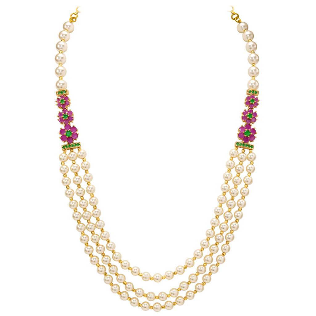 Ethnic Beads Layered Long Mala Necklace For Women Girls Gold Plated Faux Ruby Emerald & Pearl Studded Traditional : PF10ML32RG