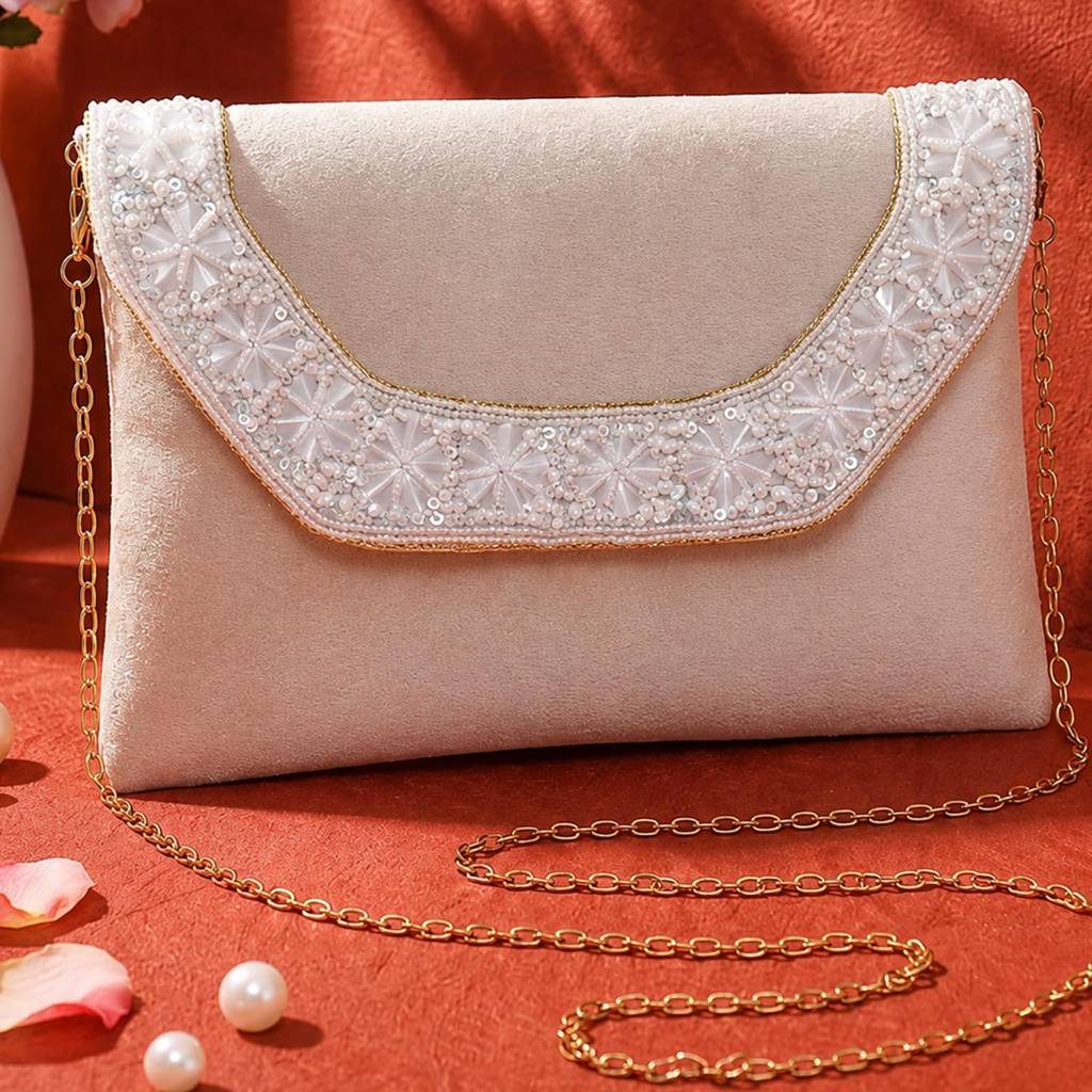 Velvet Sequin Beaded Clutch Bag For Women | Chain Strap | Embellished Wedding Festive Evening Purse : C190CRM