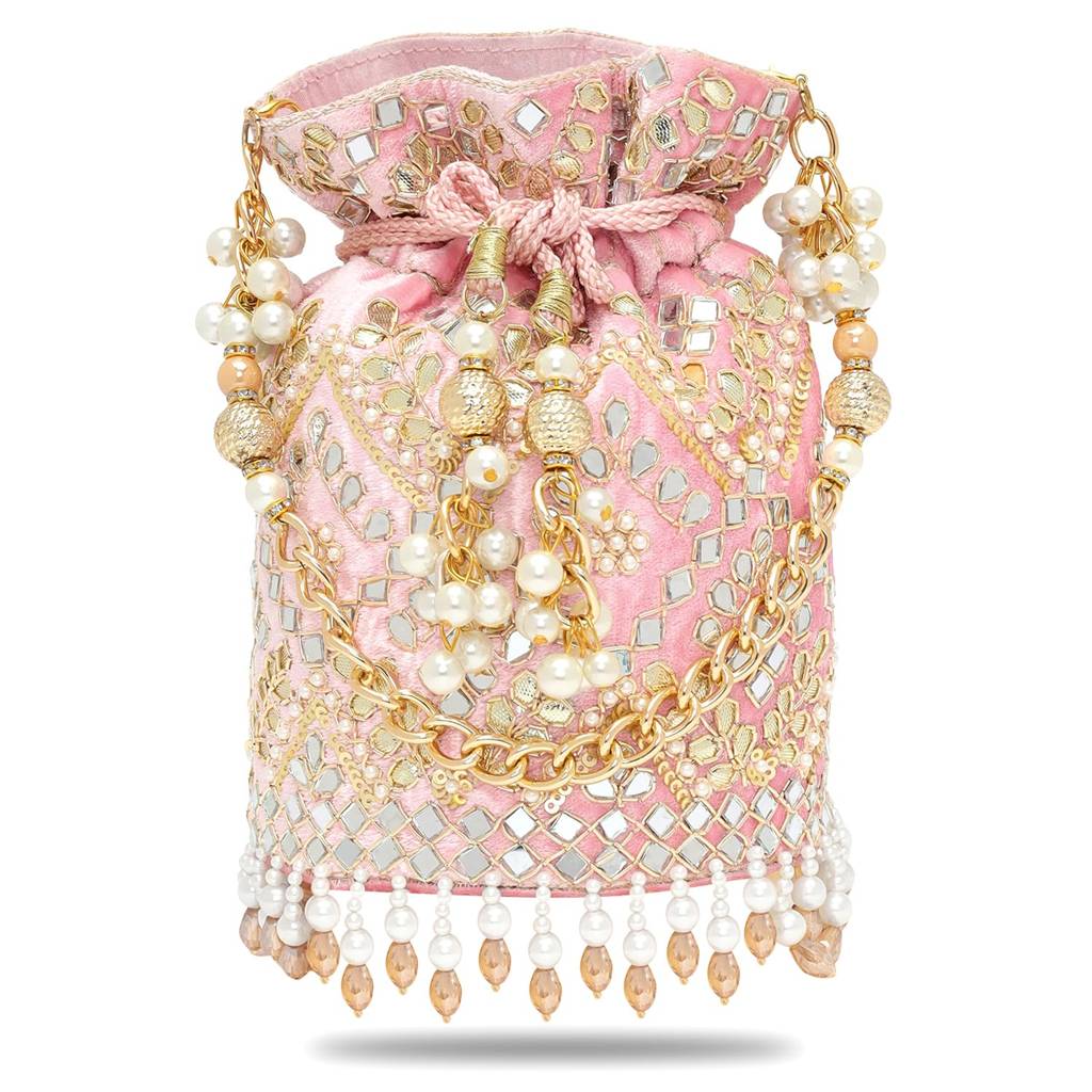 Light Pink Embellished Potli Bag Ethnic Wristlet Purse For Women & Girls : P127GPK