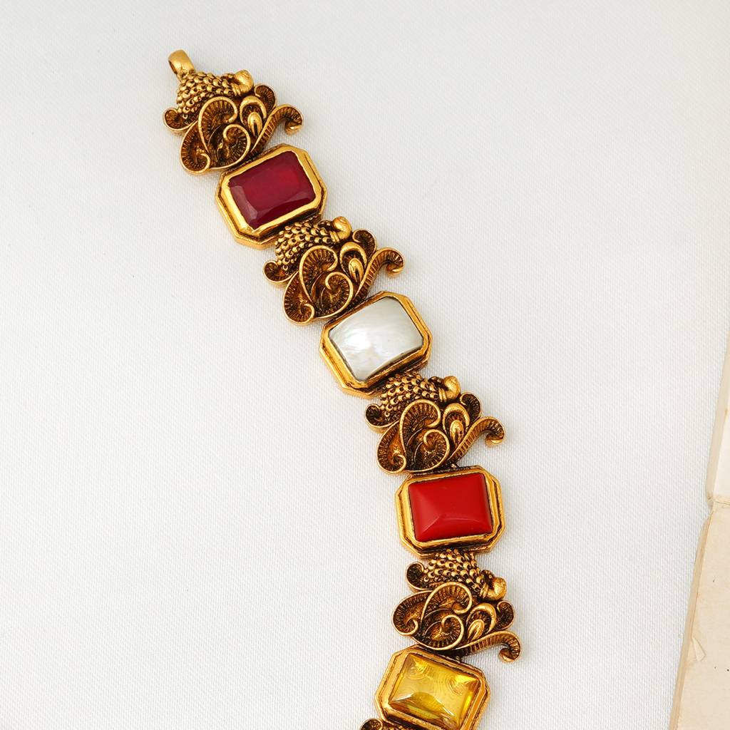 Gold Plated Navaratna Peacock Temple Short Necklace For Women : SKN26M8717