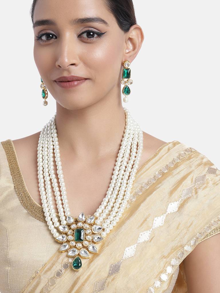 Peora Ethnic Crystal Studded Faux Pearl Long Necklace With Earrings Set Traditional Wedding Jewellery For Women &  : PF24N50WG