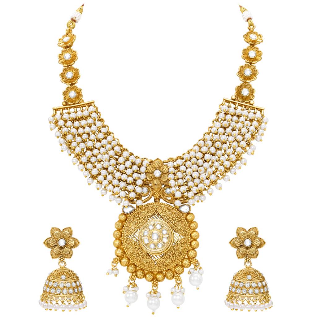 Women'S Gold Plated Ethnic Necklace Earrings Set Beads & Crystal Studded Festive & Bridal Jewellery Anniversary Bi : PF104N28G