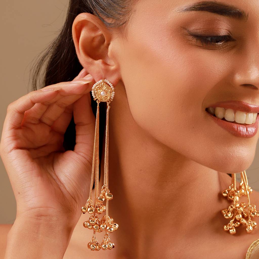 Kashmiri Pearl Beaded Gold-Toned Dangler Earrings : 8905124585025