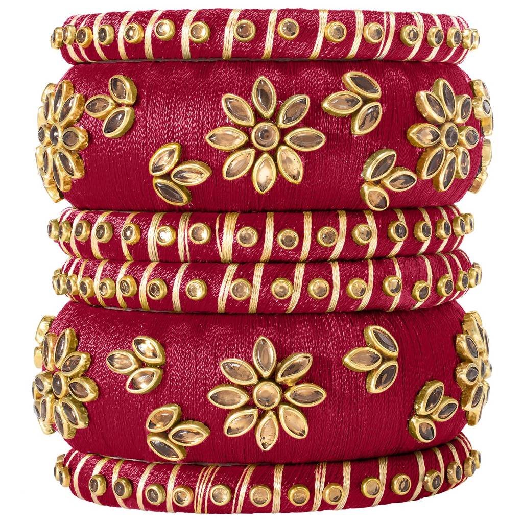 Peora Silk Thread Matching Golden Floral Decorative Chuda Chura Bangle Set For Women : PF51B69R